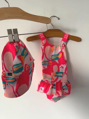 Bonds Girls' Hot Pink Toucan Print Ruffle One-Piece with Cap